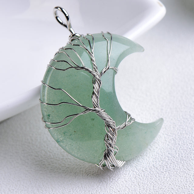 1PC Natural Crystal Pendant Moon ShapeTree Of Life Raw Crystals Mineral Jewelry Healing Stone Increase Charm Unisex Jewelry Gift