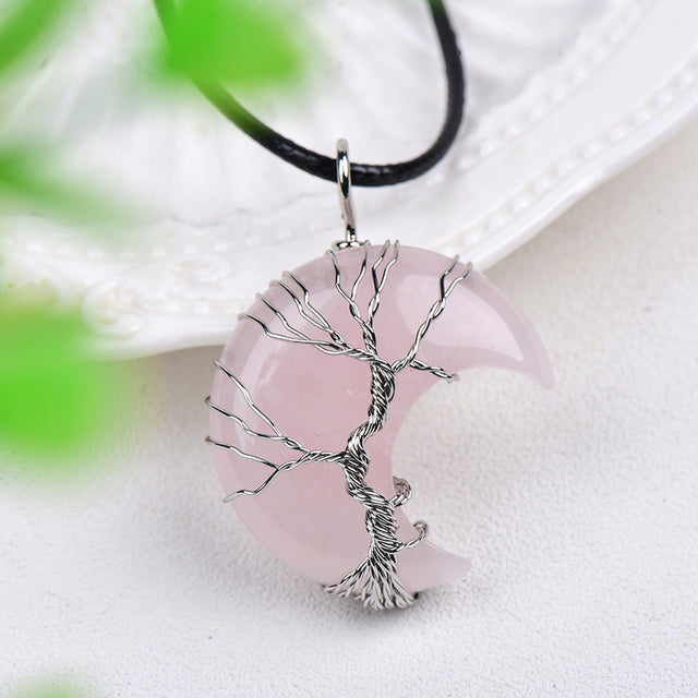 1PC Natural Crystal Pendant Moon ShapeTree Of Life Raw Crystals Mineral Jewelry Healing Stone Increase Charm Unisex Jewelry Gift