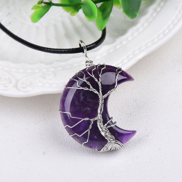 1PC Natural Crystal Pendant Moon ShapeTree Of Life Raw Crystals Mineral Jewelry Healing Stone Increase Charm Unisex Jewelry Gift